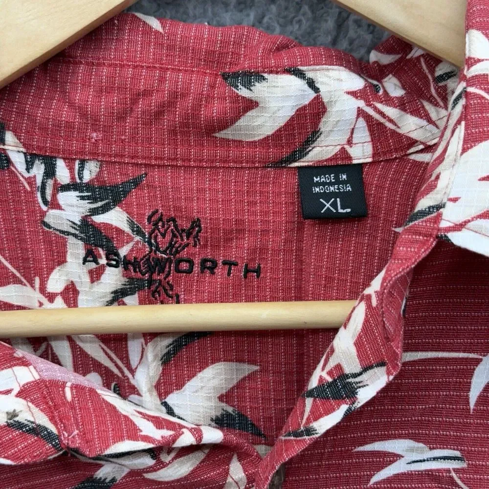 ASWORTH Mens XL Red White Hawaiian Beach‎ Shirt Short Sleeve Collard Button Up